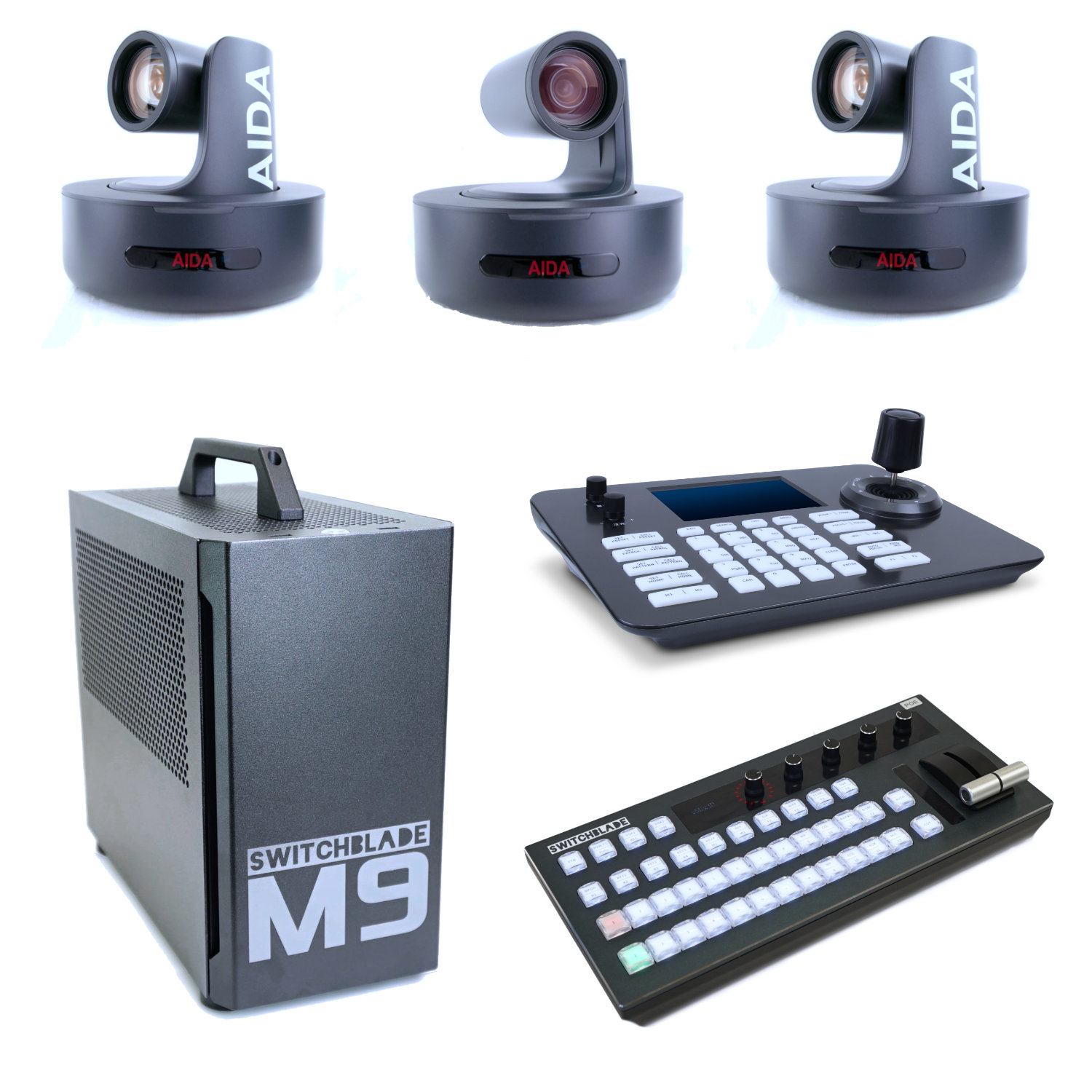 USBD-M9-3PTZ-S3-VMC 3 Camera Studio Bundle with Switchblade M9 4SDI vMix Switcher, Three (3) AIDA Imaging PTZ-NDI-X20, IP PTZ Controller, and vMix Switcher Controller - Image 1
