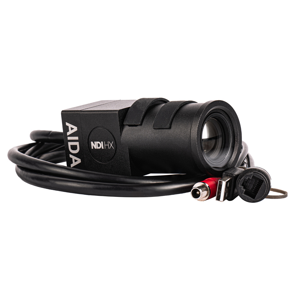 HD-NDI-TF Side with cables 1000px AIDA Imaging HD-NDI-TF - FHD NDI®|HX/IP/SRT PoE Weatherproof POV Camera with 05-50mm Varifocal Lens - Image 1