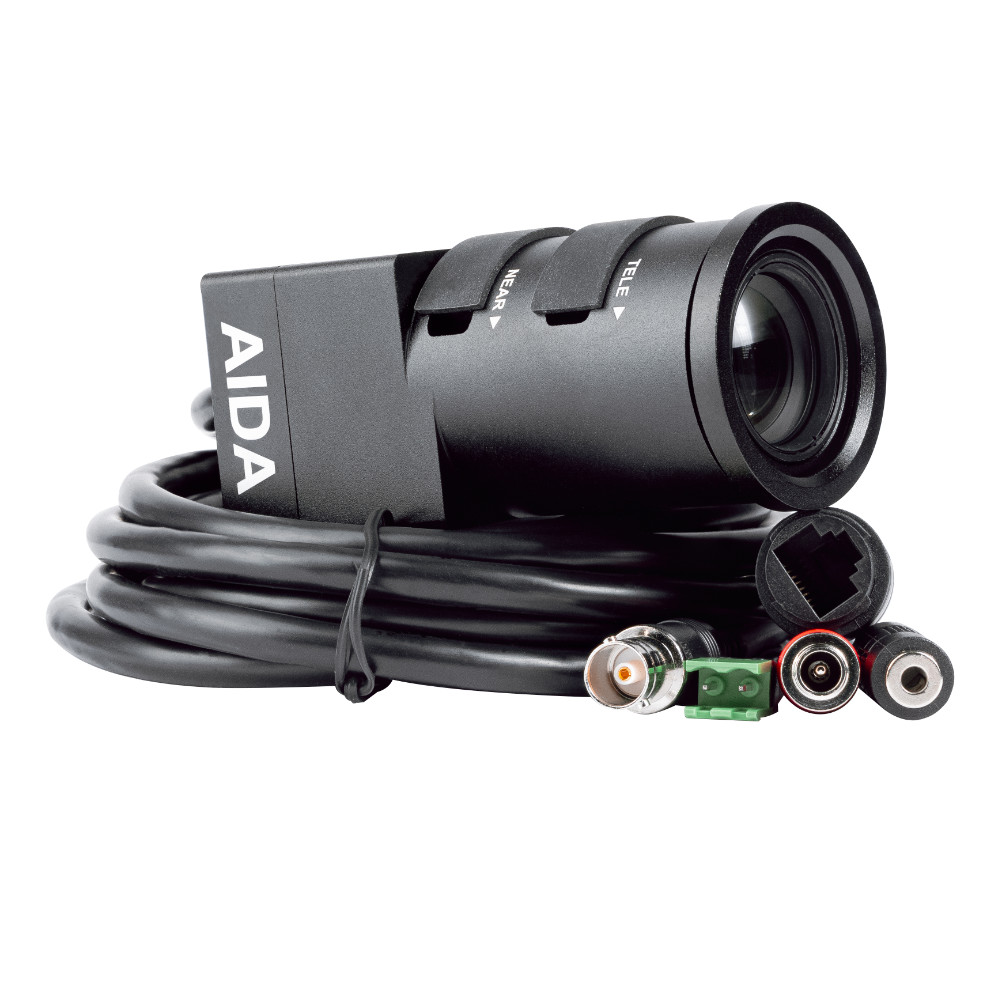 HD3G-IPC-TF Side with cables 1000px AIDA Imaging HD3G-IPC-TF - Full HD 3G-SDI IP54 Weatherproof Varifocal Lens 05-50mm POV Box Camera with IP Control - Image 1