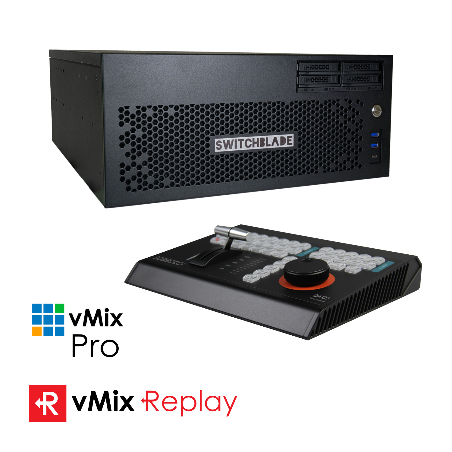 LPU4 v2 Front Left with RP800 Switchblade LPU4 4U vMix Replay System with 8-input/4-output SDI channels and 8CH Replay Controller - Image 1