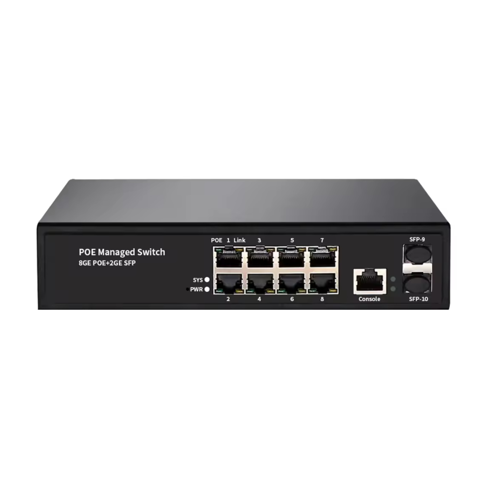 PTZC-8P-POE-2SFP Front 1000px PTZCam 8-port Gigabit Ethernet POE+ Network Switch for Live Streaming - Image 1
