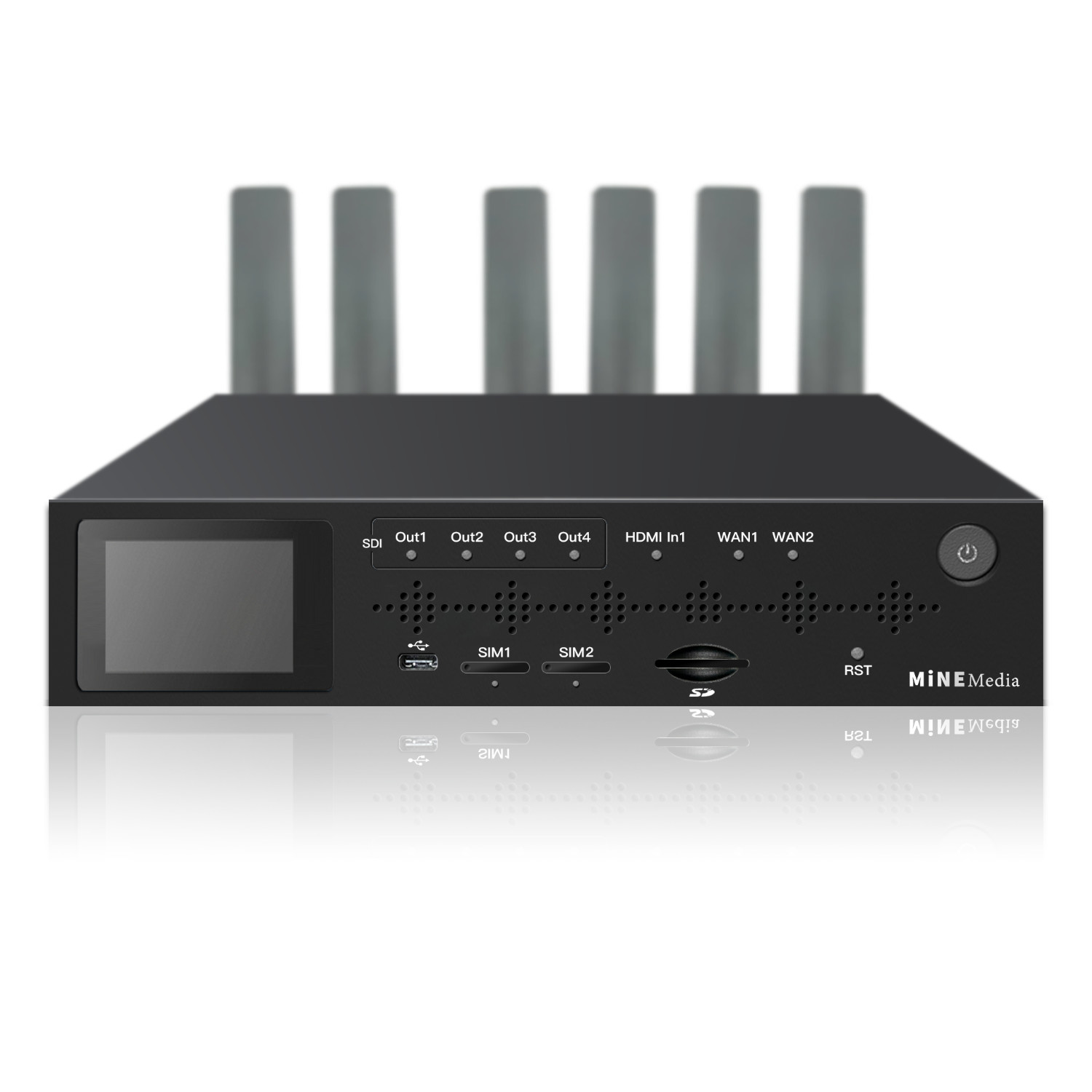 Mine Media A321S front with antennas MiNE Media A321S 4CH SDI Dual 5G Cellular Bonding Decoder - Image 1